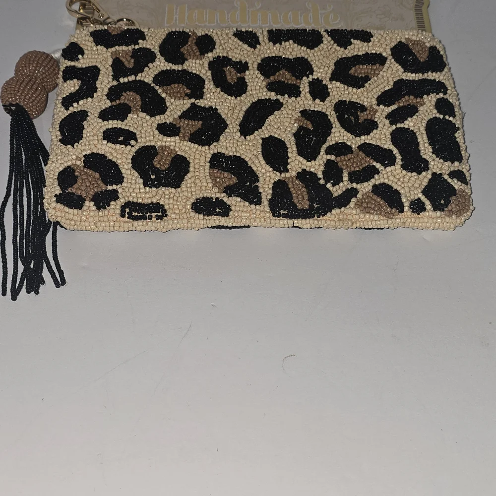 Handmade Leopard Beaded Wristlet Clutch - Beige Black Brown